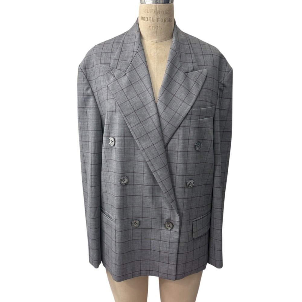 NEW Marissa Webb Peyton Double Breasted Blazer Oversized Grey Plaid Windowpane